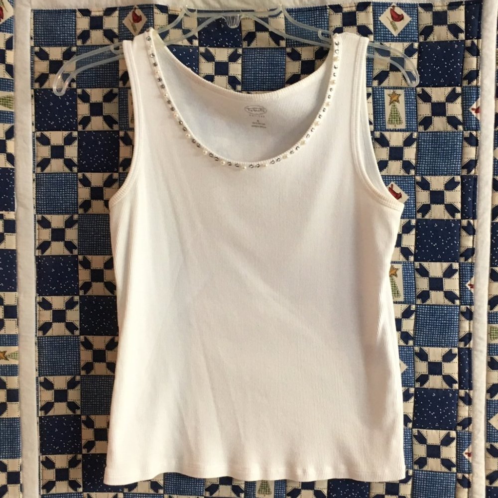 Talbots White Ribbed Tank Beaded Neckline size PS